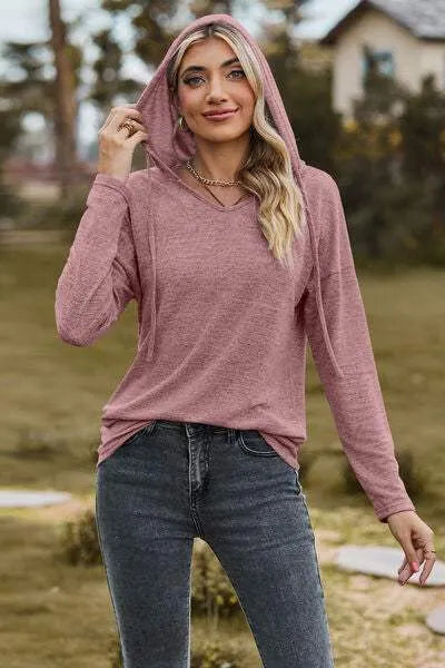 Drawstring Dropped Shoulder Hooded T-Shirt Women's T-Shirts - Tophatter Daily Deals